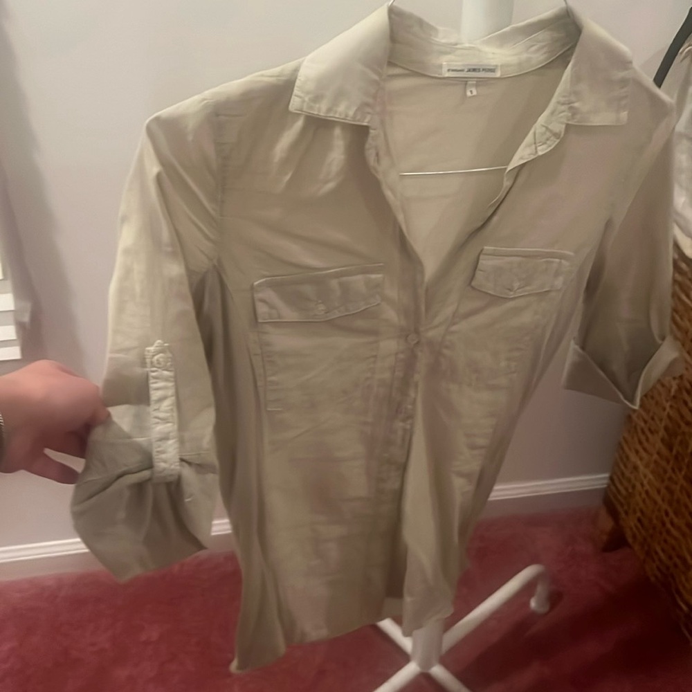 Three quarter, tan, button down, stretchy material on the sides-size 1